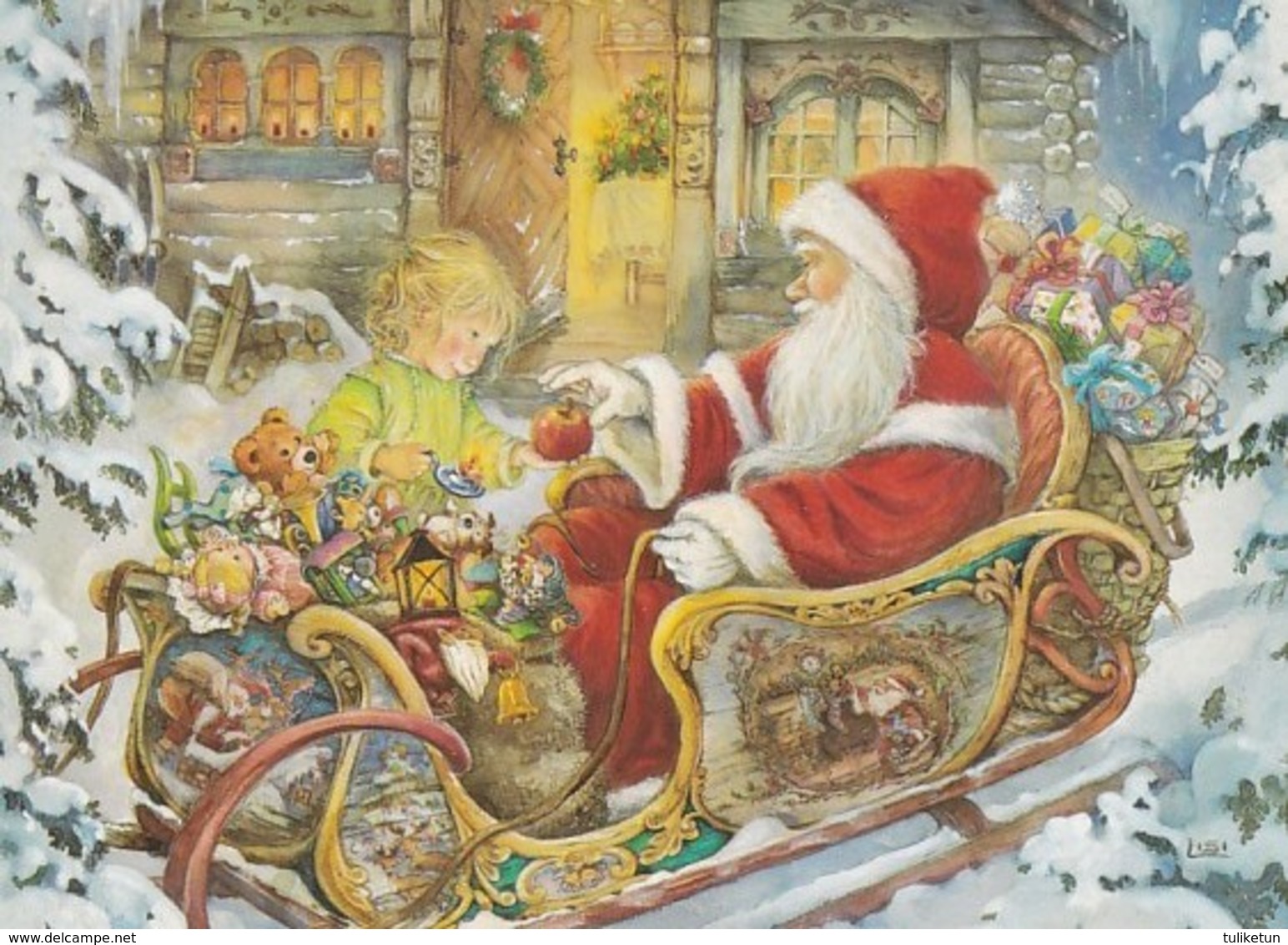 Santa Claus Is Bringing Toys With Christmas Sleigh - Giving And Apple To Little Girl - Lisi Martin - Santa Claus