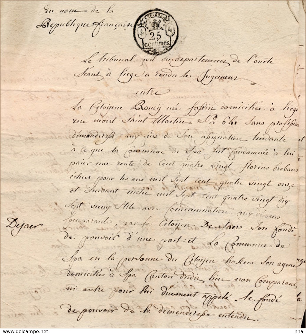 Jugement Roncy Fassin Contre La Ville De Spa, 1797 - Manuscrits