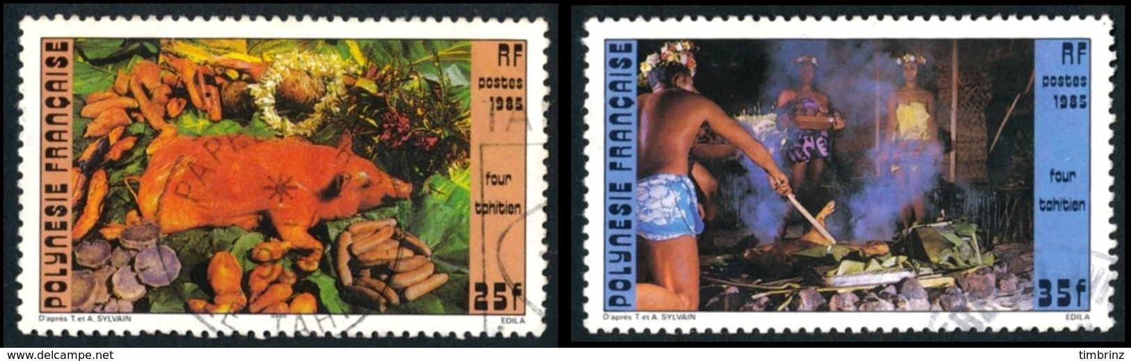 POLYNESIE 1985 - Yv. 241 Et 242 Obl.  - Four Tahitien: Cochon, Cuisiniers (2 Val.)  ..Réf.POL23500 - Oblitérés