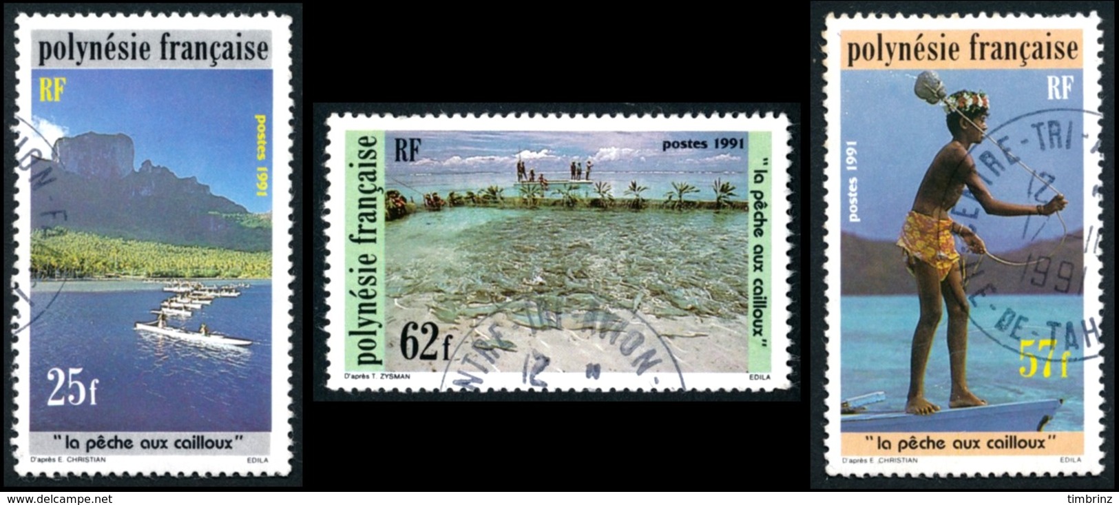 POLYNESIE 1991 - Yv. 390 391 392 Obl.   Cote= 3,20 EUR - La Pêche Aux Cailloux (3 Val.)  ..Réf.POL23502 - Oblitérés