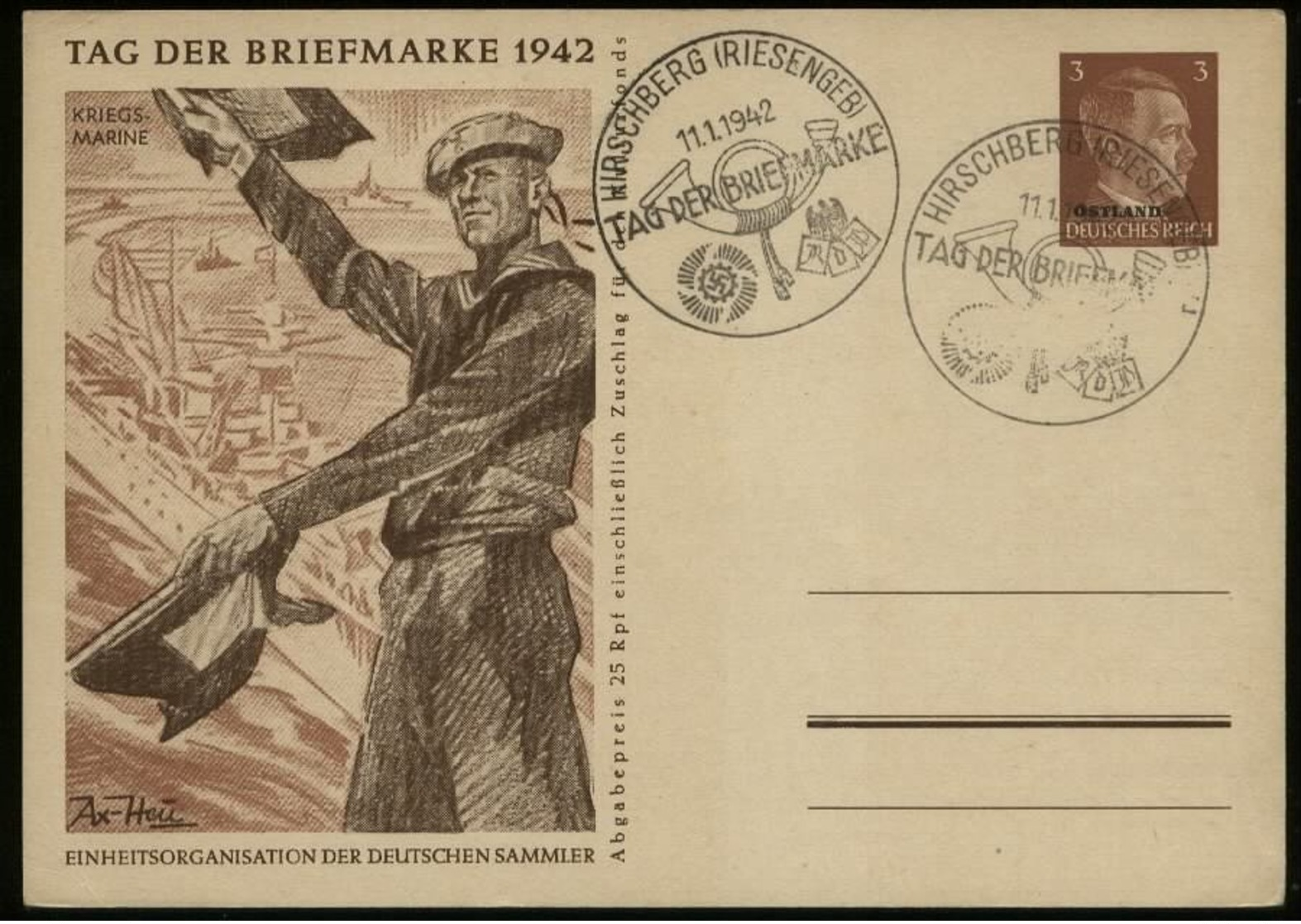 P0012 - Propaganda , DR Ostland GS Postkarte Tag Der Briefmarke ,Marine: Gebraucht Mit Sonderstempel Hirschberg Riesen - Briefe U. Dokumente