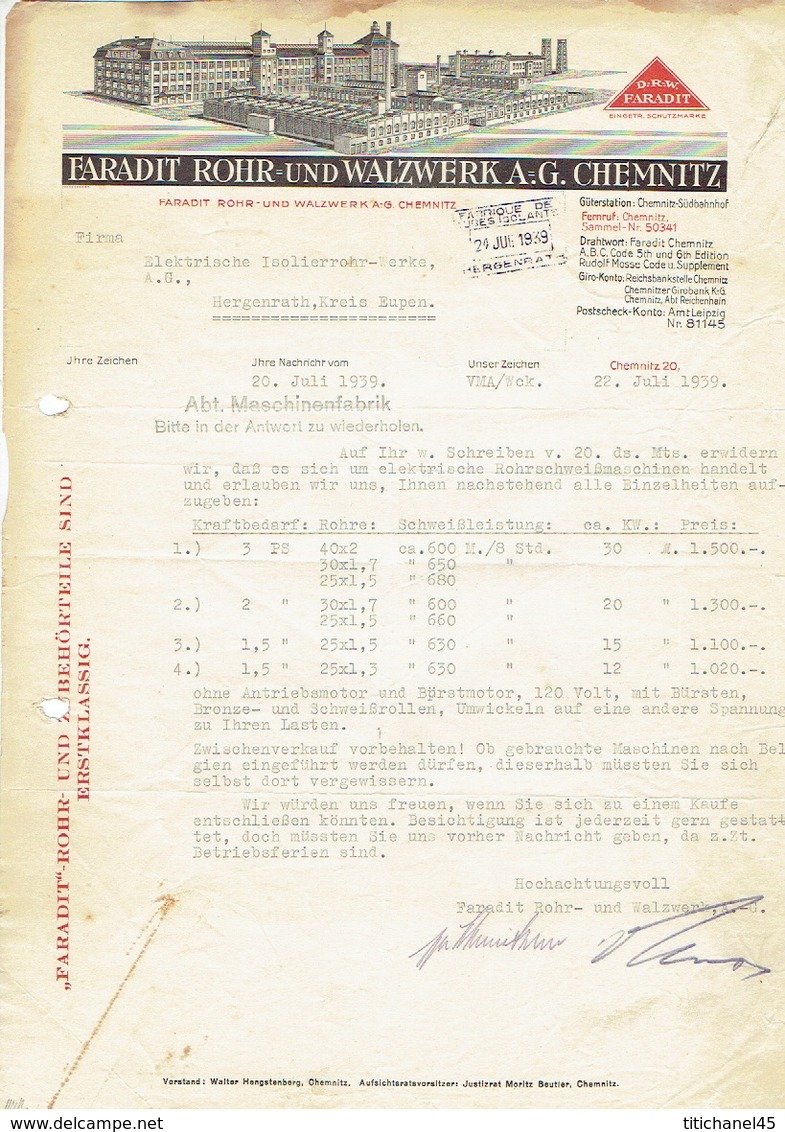 Brief 1939 CHEMNITZ - FARADIT ROHR UND WALZWERK - Autres & Non Classés