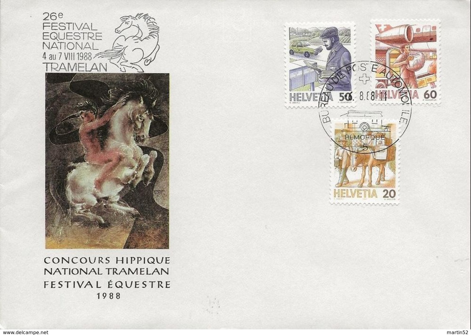 Schweiz Suisse 1988: Cachet Artistique De Hans Erni Avec Zu 733+738+739 Avec O FESTIVAL EQUESTRE 6.8.88 TRAMELAN - Chevaux