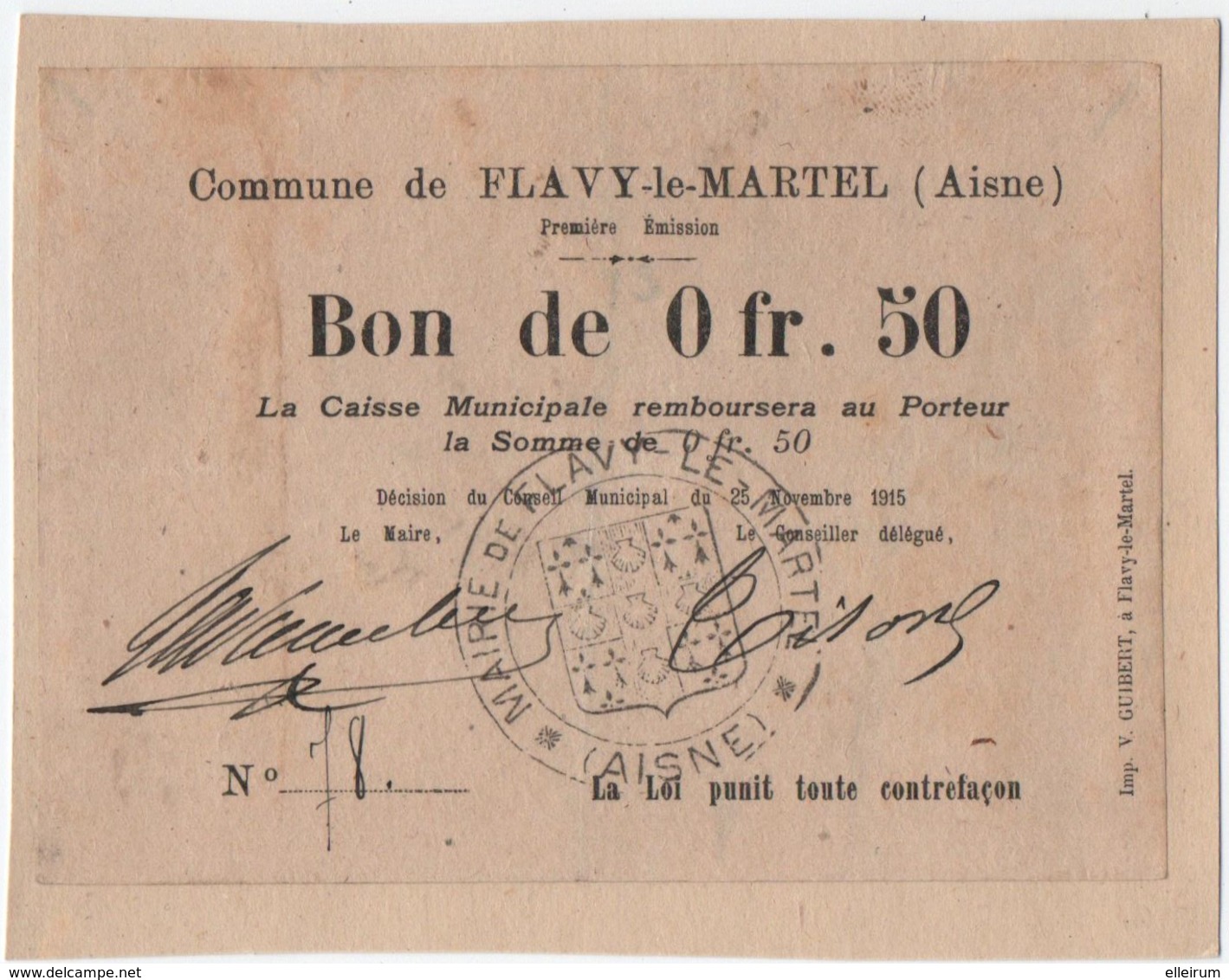 FLAVY-le-MARTEL (02) BON MUNICIPAL. 0 Fr. 50. CACHET De La MAIRIE. 1915. - Bons & Nécessité