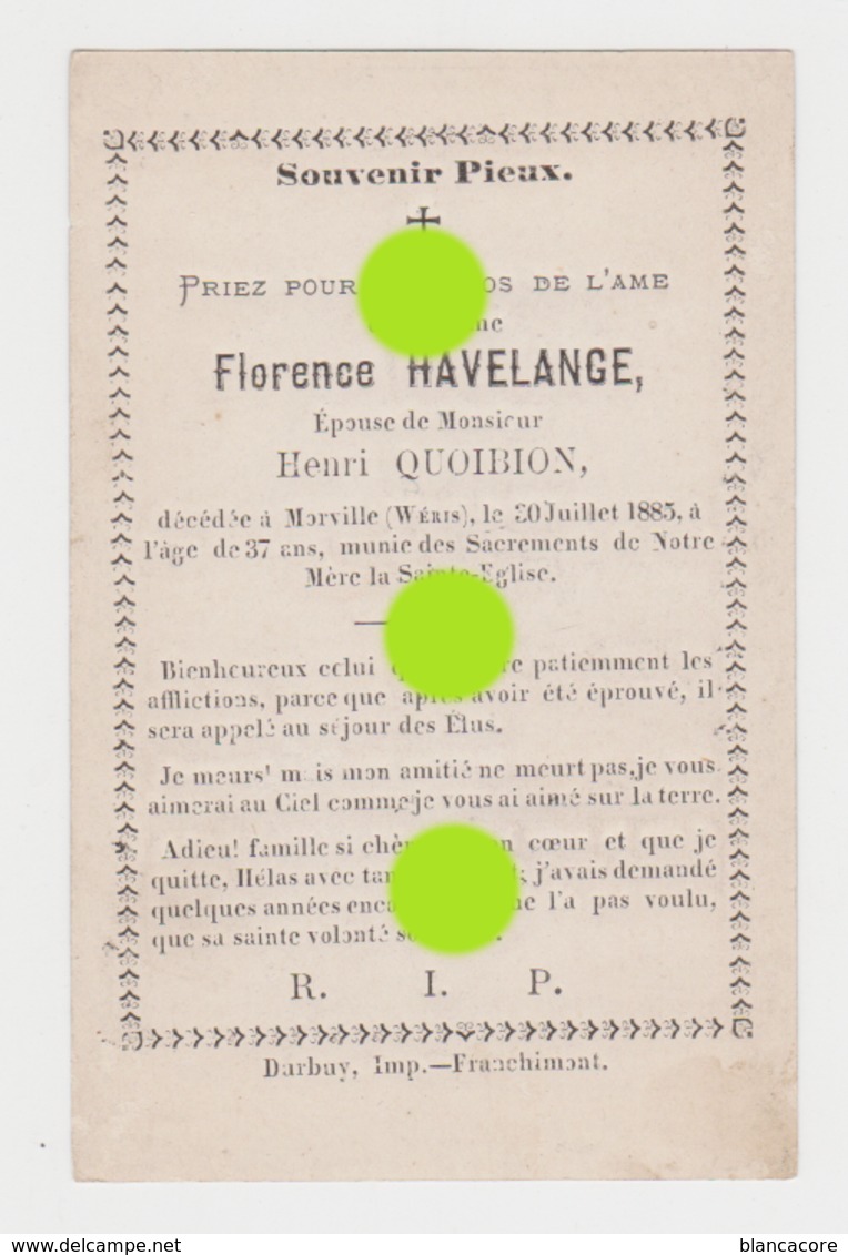 Mme Florence Havelange épouse Quoibion 1885 Morville Wéris  Imprimé à Durbuy - Overlijden