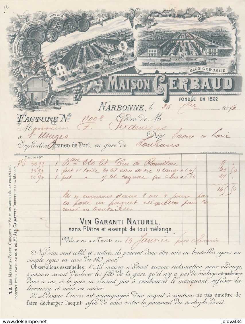 Facture Illustrée 26/9/1894 GERBAUD Vin Garanti Sans Plâtre NARBONNE Aude à Sixdenier St Usuges - 1800 – 1899