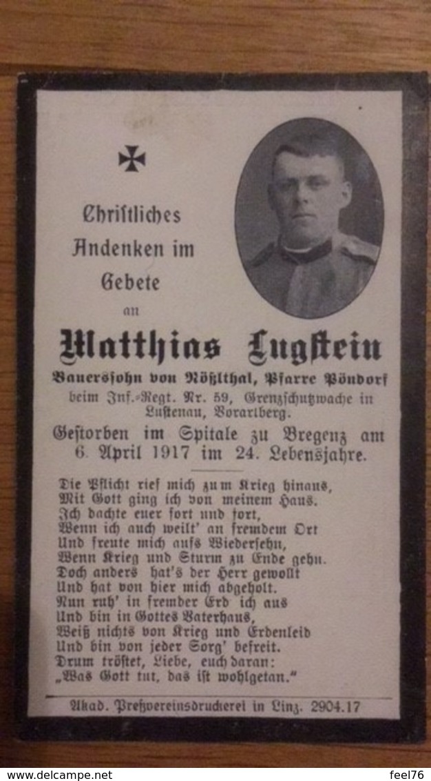 Sterbebild Wk1 Ww1 Bidprentje Avis Décès Deathcard KUK IR59 BREGENZ Aus Lustenau 6. April 1917 - 1914-18
