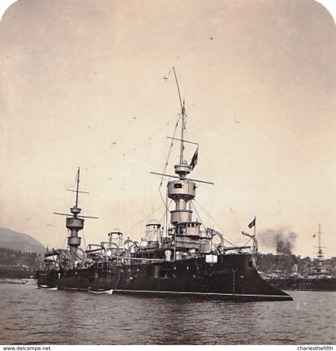 SUPERBE PHOTO STEREOSCOPIQUE MARINE DE GUERRE ** VILLEFRANCHE - Le CUIRASSE CHANZY ** RARE !! - Photos Stéréoscopiques