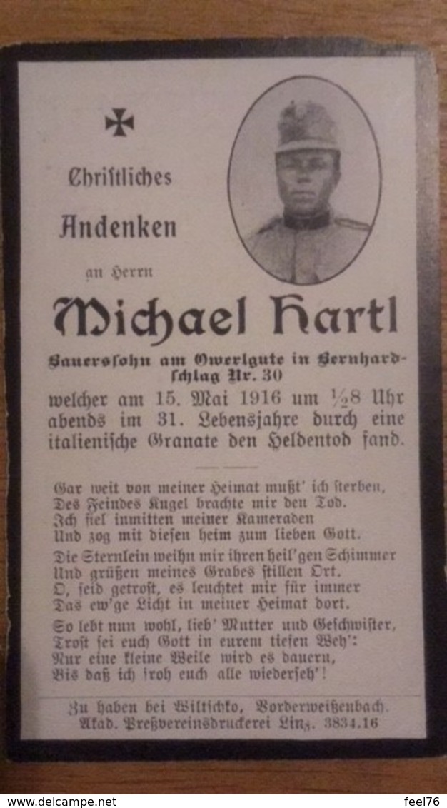 Sterbebild Wk1 Ww1 Bidprentje Avis Décès Deathcard KUK Italien Italia Bernhardschlag Nr. 30 15. Mai 1916 - 1914-18