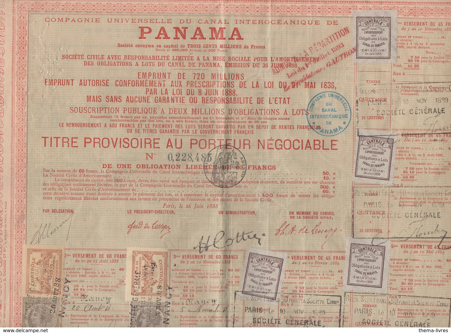 Panama Titre Au Porteur  1888  Avec Vignettes Et Timbres Fiscaux (PPP10121) - Other & Unclassified