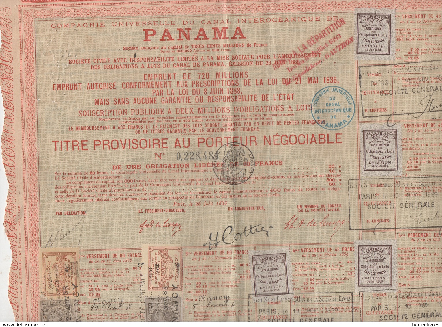 Panama Titre Au Porteur  1888  Avec Vignettes Et Timbres Fiscaux (PPP10122) - Other & Unclassified