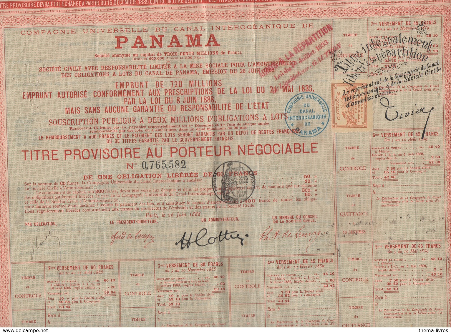 Panama Titre Au Porteur  1888  Avec Vignettes Et Timbres Fiscaux (PPP10126 - Other & Unclassified