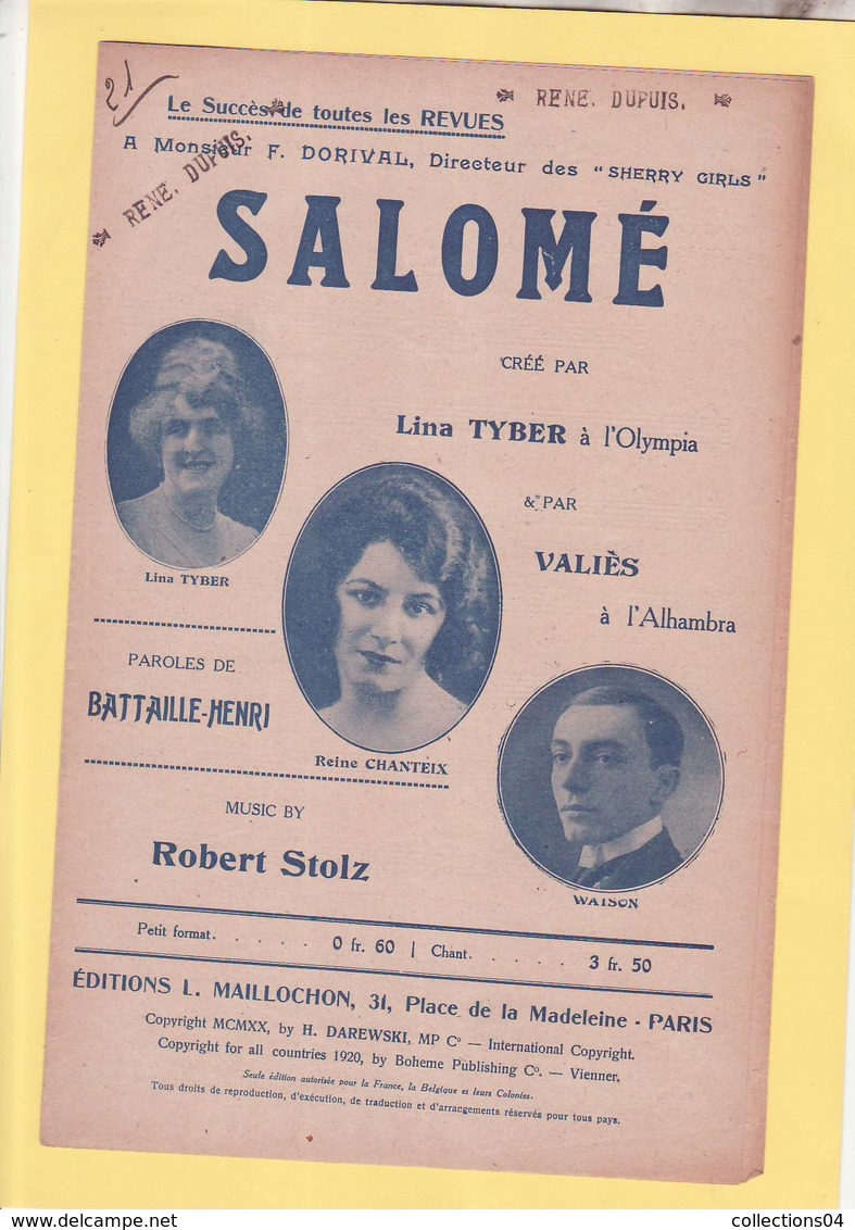 PARTITION  N°21 / SALOME / TYBERT / BATAILLE / MUSIQUE DE STOL / A L ALHEMBRA / - Chansonniers