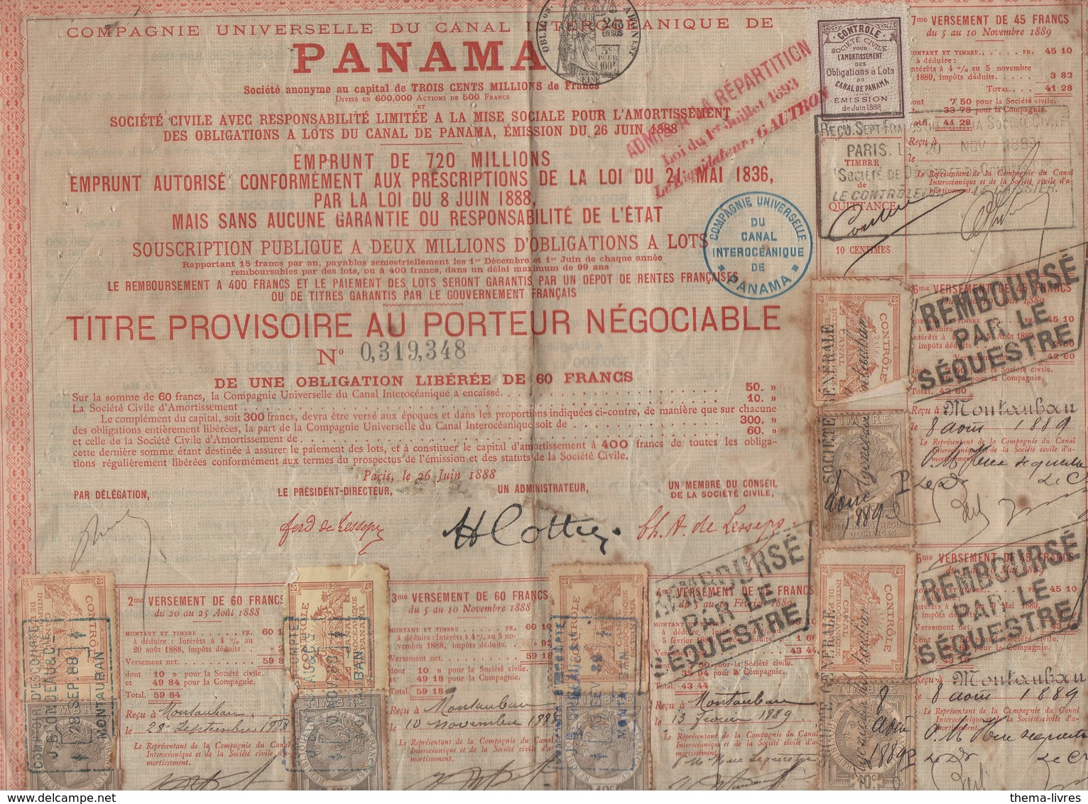 Panama Titre Au Porteur  1888  Avec Vignettes Et Timbres Fiscaux (PPP10127) - Sonstige & Ohne Zuordnung