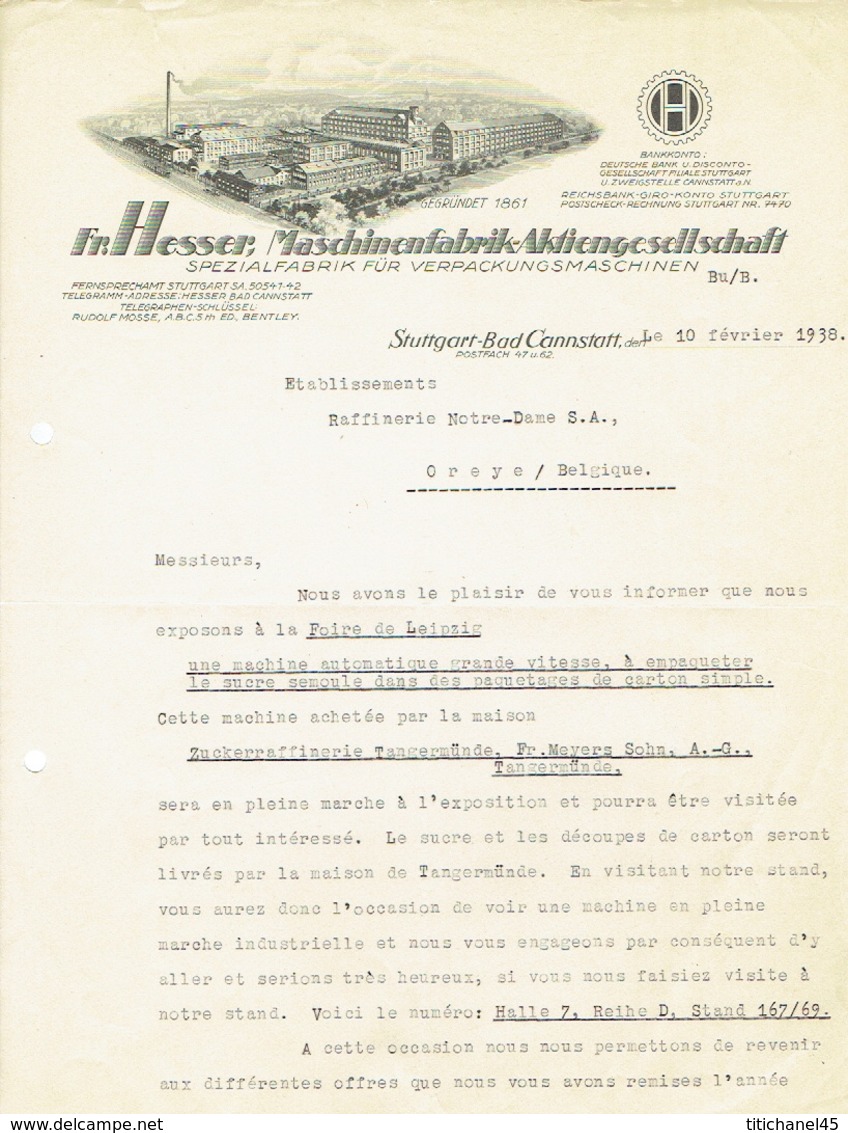 Brief 1938 STUTTGART-CANNSTATT - Fr. HESSER, MASCHINENFABRIL-AKTIENGESELLSCHAFT - Spezialfabrik Für Verpackunsmaschinen - Sonstige & Ohne Zuordnung