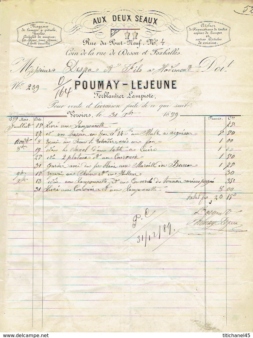 Facture Illustrée 1889 VERVIERS - POUMAY-LEJEUNE - "AUX DEUX SEAUX" - Ferblantier-Lampiste - Lampes à Pétrole Et à Huile - Autres & Non Classés