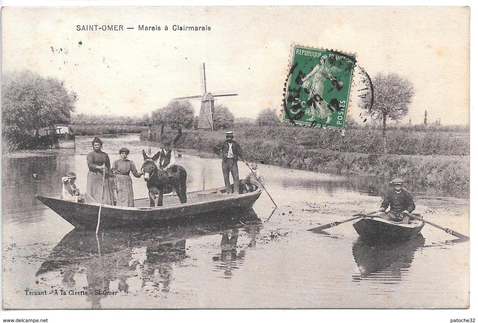 Cpa...Saint-Omer...marais A Clairmarais...animée...ane Dans La Barque ...moulin...1912.. - Saint Omer