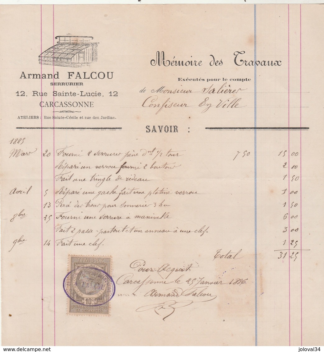 Facture Illustrée 25/1/1886 A FALCOU Serrurier CARCASSONNE Aude à Salières Confiseur EV - 1800 – 1899