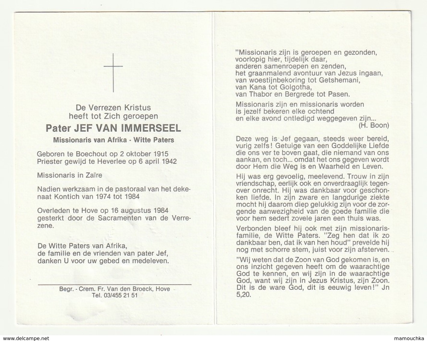 Dp. Pater Jef VAN IMMERSEEL Missionaris Van Afrika Zaïre Witte Paters Boechout 1915 Priester Heverlee Kontich Hove 1984 - Images Religieuses