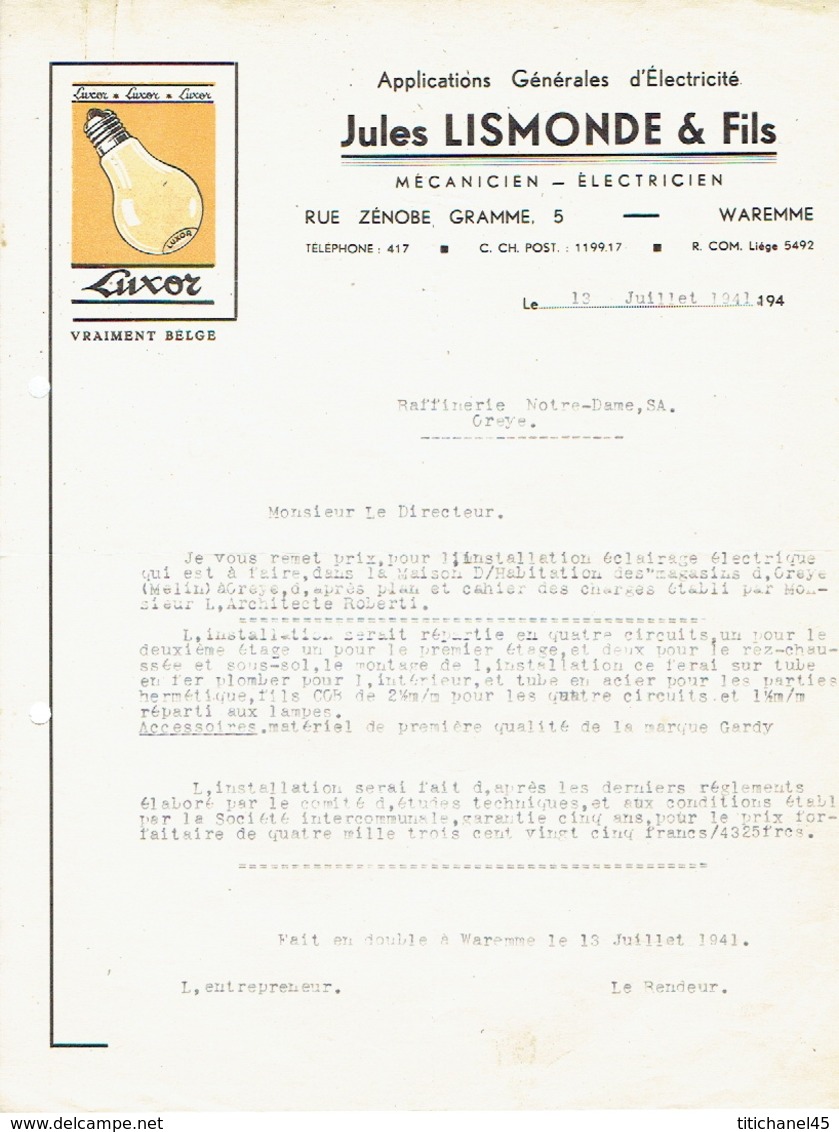 Lettre 1941 WAREMME - Jules LISMONDE & Fils - Mécanicien-Electricien - Publicité Lampes "LUXOR" - Autres & Non Classés
