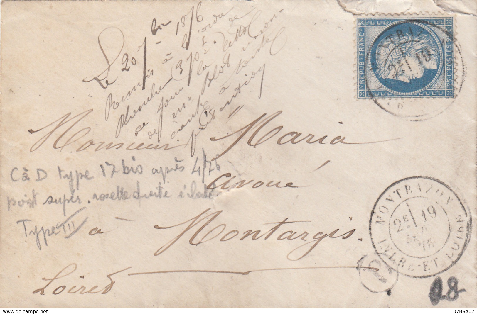 INDRE ET LOIRE ENV 1876 MONTBAZON TYPE 18 SUR CERES RARE NON CITE CHEVALIER ( FIN DU GC ) BOITE B = NON IDENTIFIEE - 1849-1876: Période Classique