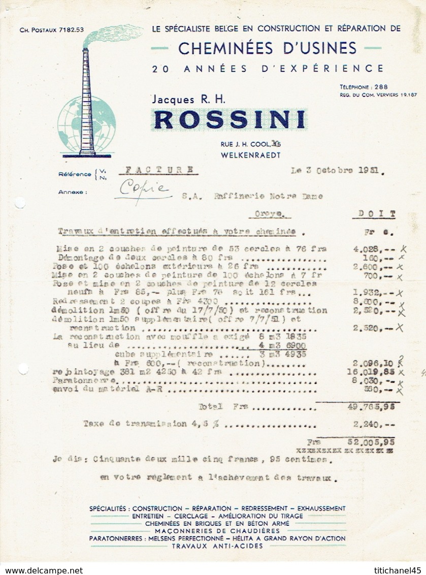 Lettre 1951 WELKENRAEDT - Jacques R.H. ROSSINI - Construction Et Réparation De Cheminées D'usines - Autres & Non Classés