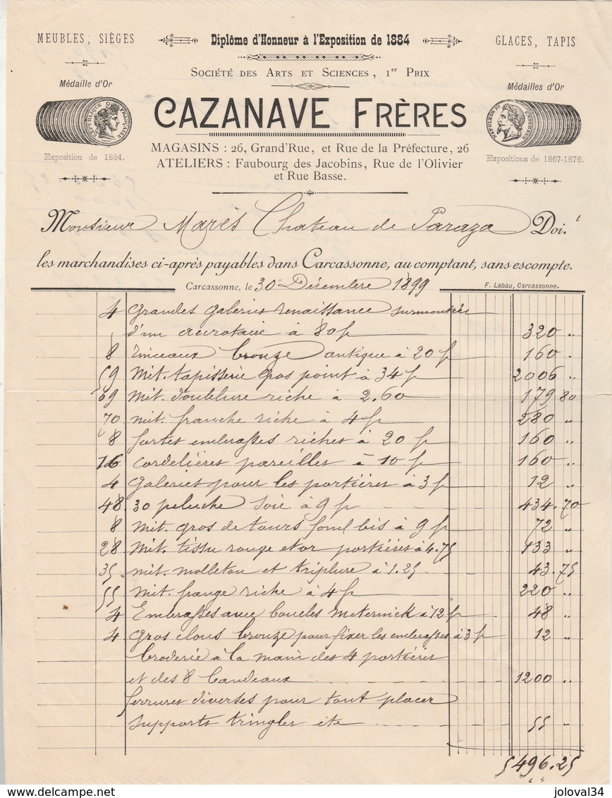 Facture Illustrée 30/12/1899 CAZANAVE Meubles Sièges Glaces Tapis CARCASSONNE Aude à Marès Chateau Paraza - 1800 – 1899