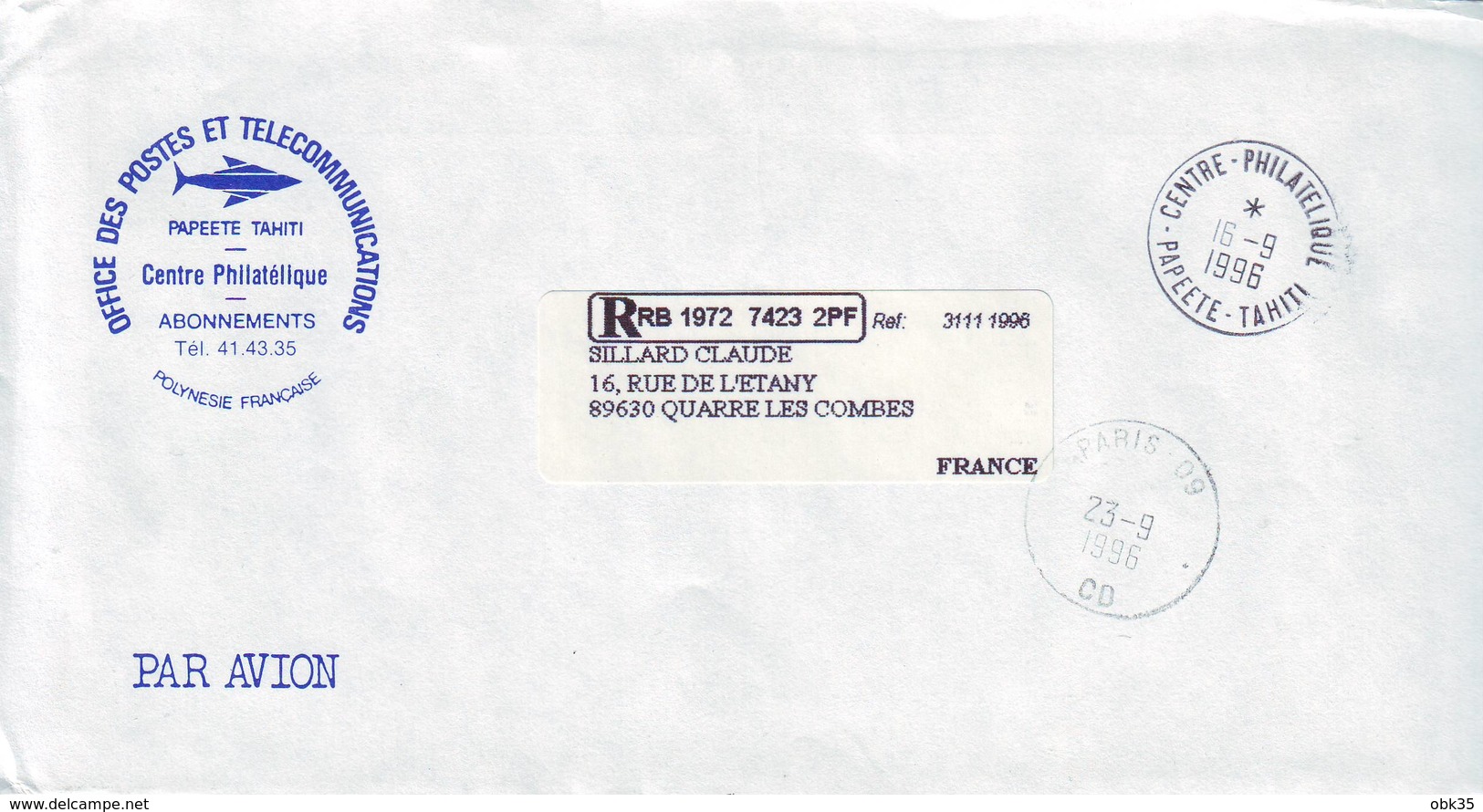 P5. LETTRE RECOMMANDE CENTRE PHILATÉLIQUE PAPEETE TAHITI - PARIS 09 CD - 1996 - Lettres & Documents