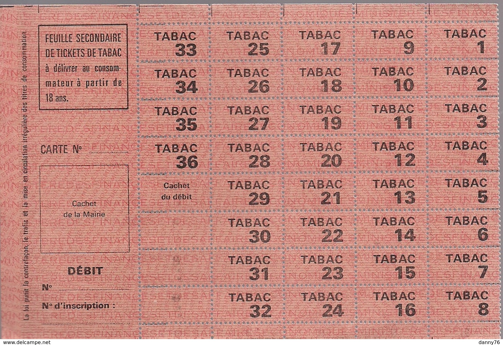 1940/45 * OCCUPATION   ALLEMANDE  *   FEUILLE  SECONDAIRE   DE   TICKETS    DE   RATIONNEMENT DE  TABAC +18 Ans * - 1939-45