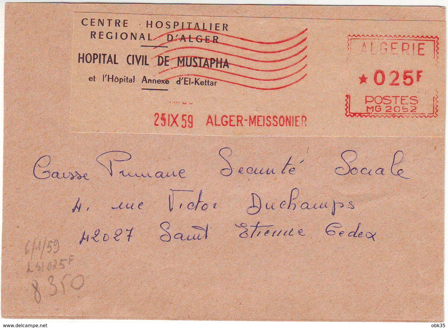 DV55. DEVANT DE LETTRE CENTRE HOSPITALIER RÉGIONAL ALGER - HÔPITAL MUSTAPHA - EMA - 1959 - Lettres & Documents