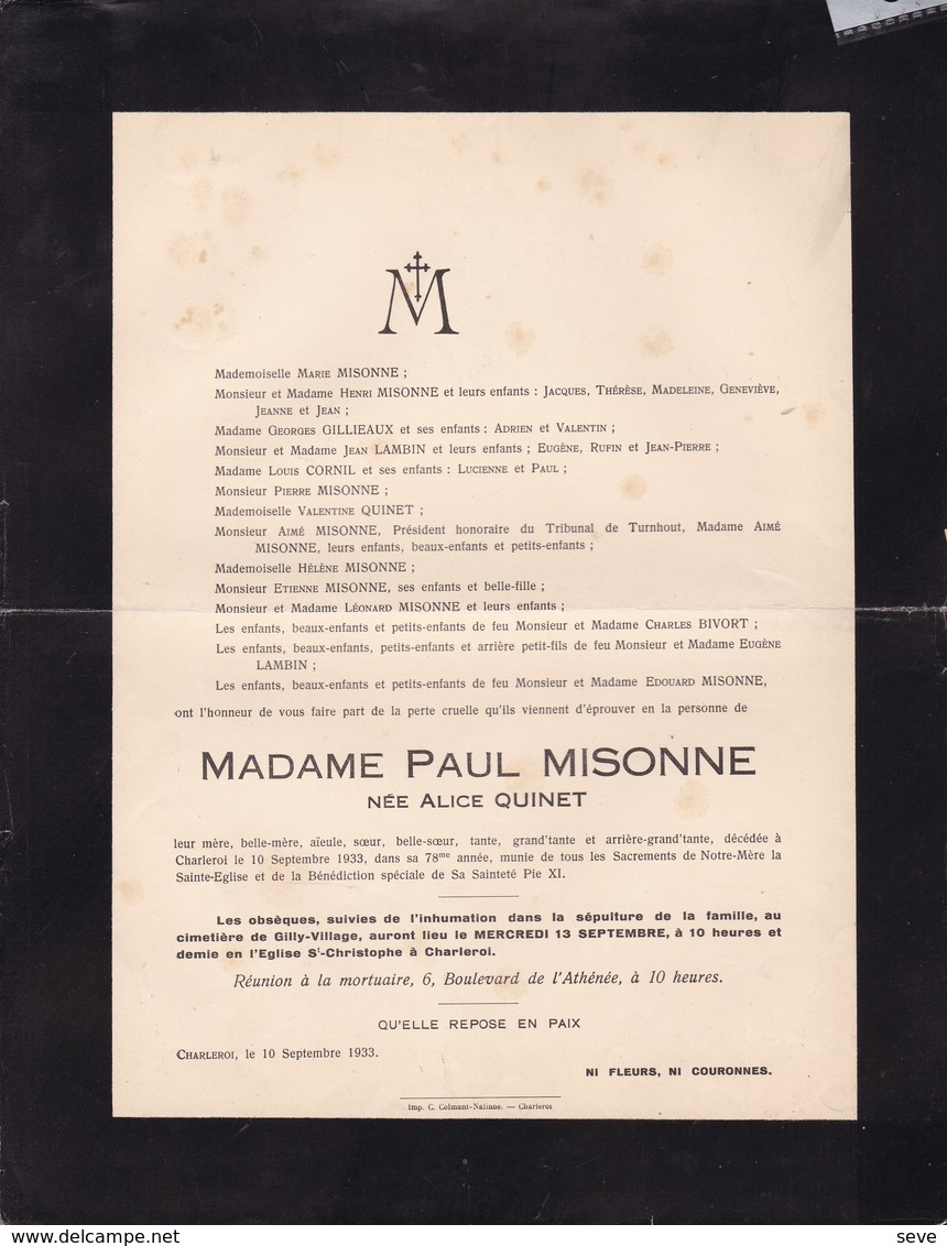 CHARLEROI Alice QUINET épouse Paul MISONNE 78 Ans 1933 - Décès