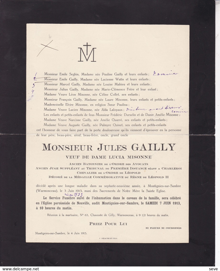 MONTIGNIES-sur-SAMBRE Jules GAILLY Veuf Lucia MISONNE Ancien Bâtonnier Charleroi 1853-1913 - Overlijden