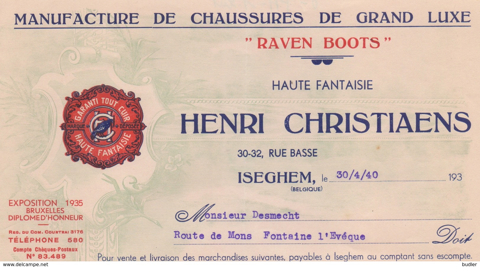 BELGIË/BELGIQUE :1940: Facture De ## HENRI CHRISTIAENS, Rue Basse, 30-32, ISEGHEM ##  à ## Mr. DESMECHT à FONTAINE-... - Vestiario & Tessile