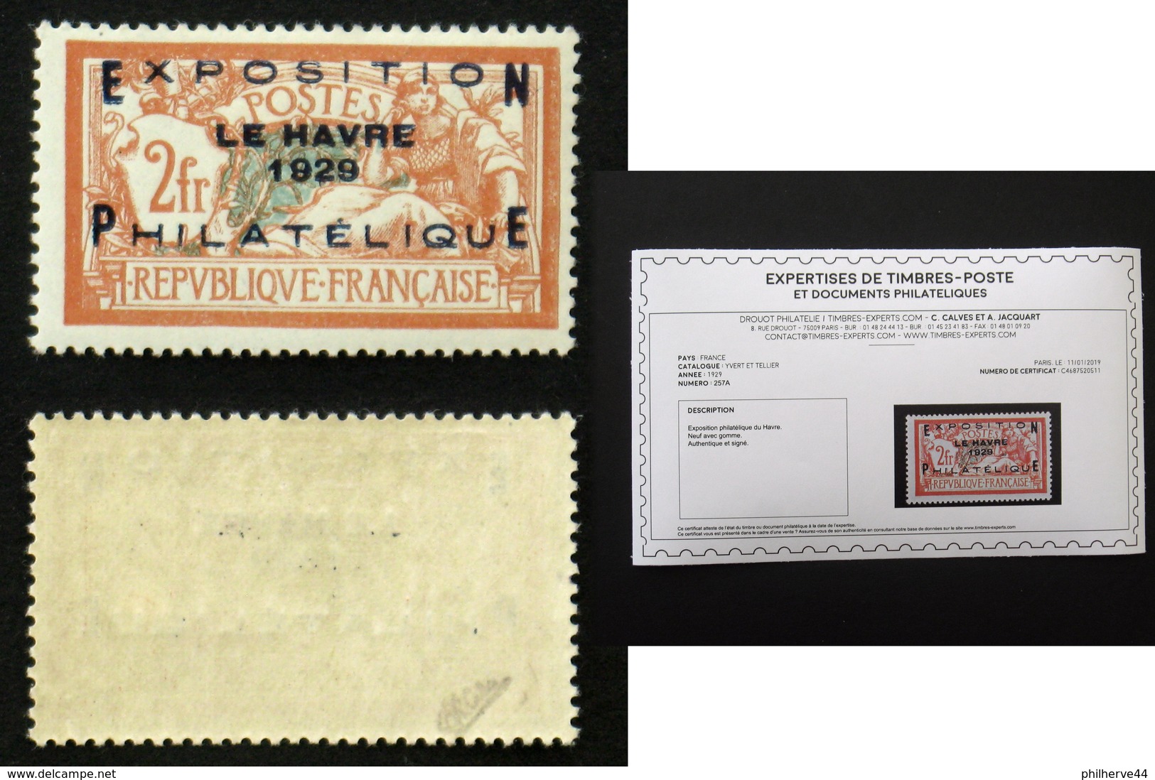 N° 257A 2F EXPO LE HAVRE 1929 TB Neuf N* Cote 875€ Signé Calves + Certificat - Neufs