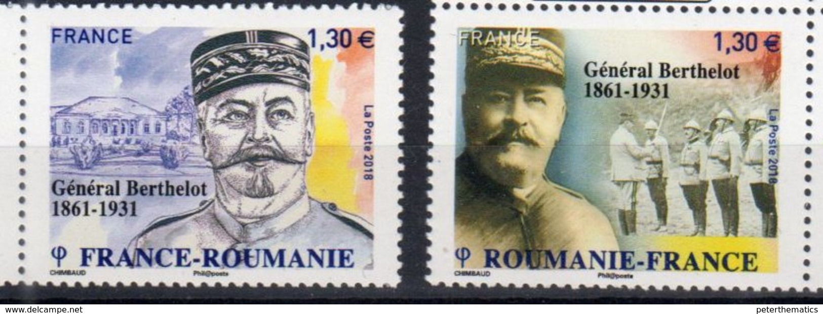 FRANCE, 2018, MNH, JOINT ISSUE WITH ROMANIA, WWI, GENERAL BERTHELOT, MILITARY, SOLDIERS, 2v - Joint Issues