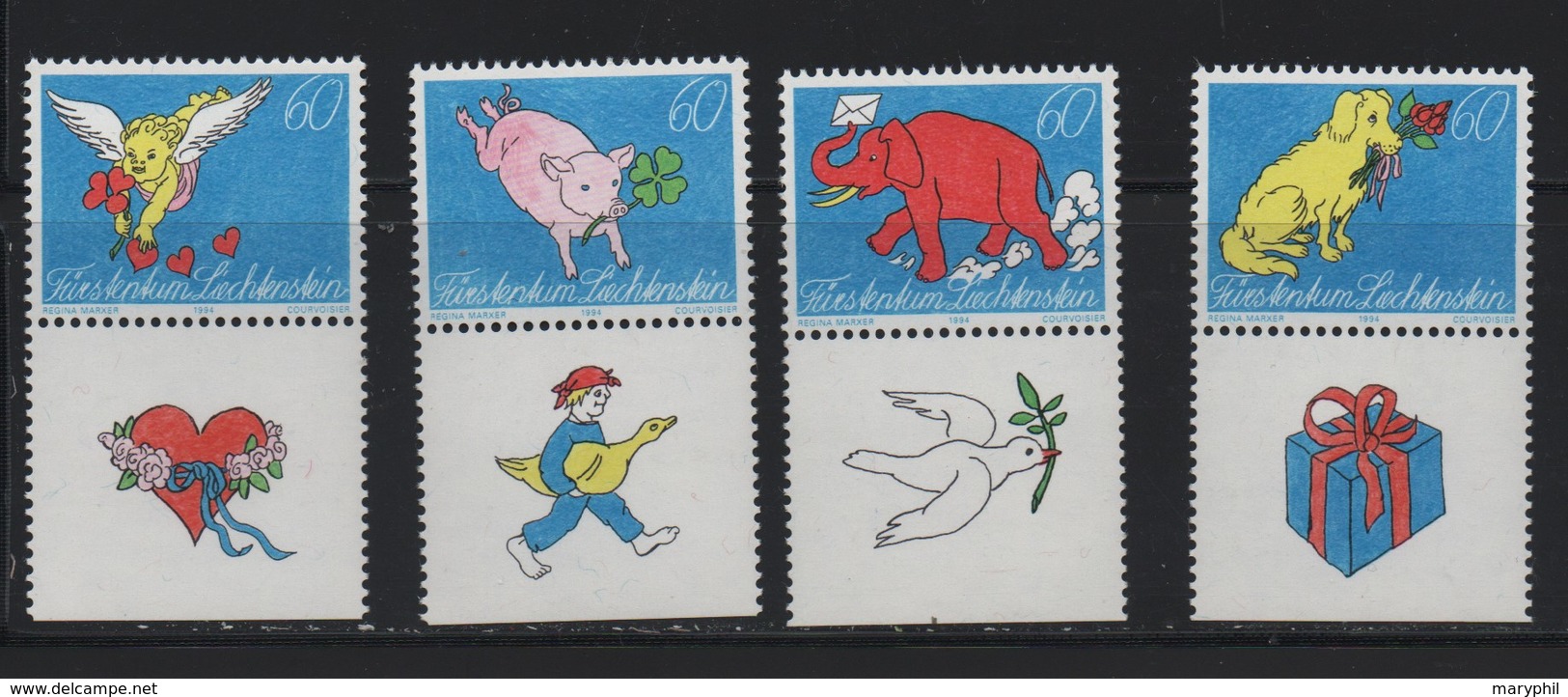 LIECHTENSTEIN    N° 1026/1029** - PLAISIR D'ECRIRE - ANGE - COEUR - COCHON - ELEPHANT - CHIEN - FLEUR - TREFLE à 4 Feuil - Post