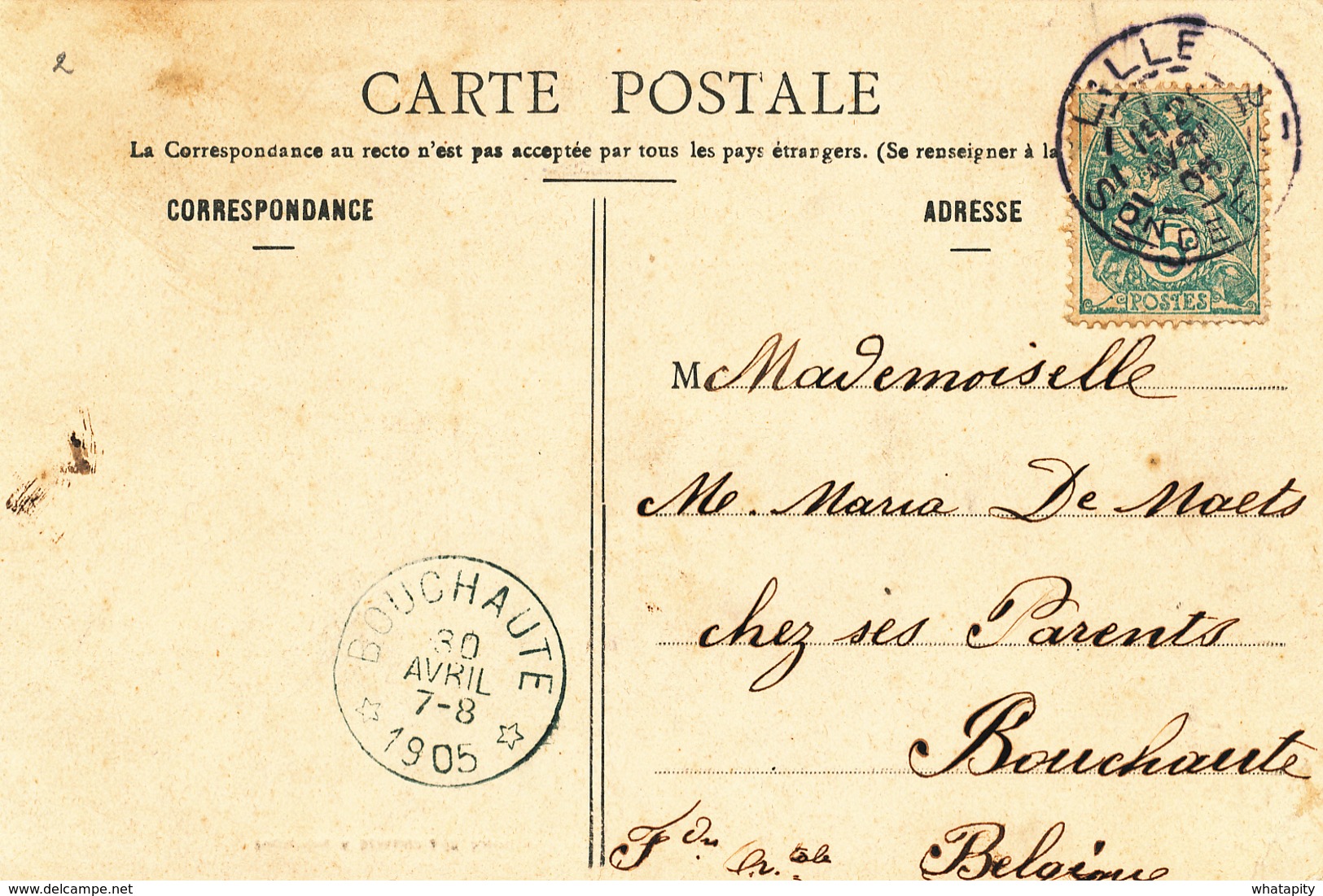 293/28 - Carte Fantaisie TP Blanc France LILLE 1905 Vers Cachet RELAIS à Etoiles BOUCHAUTE - Cachets à étoiles