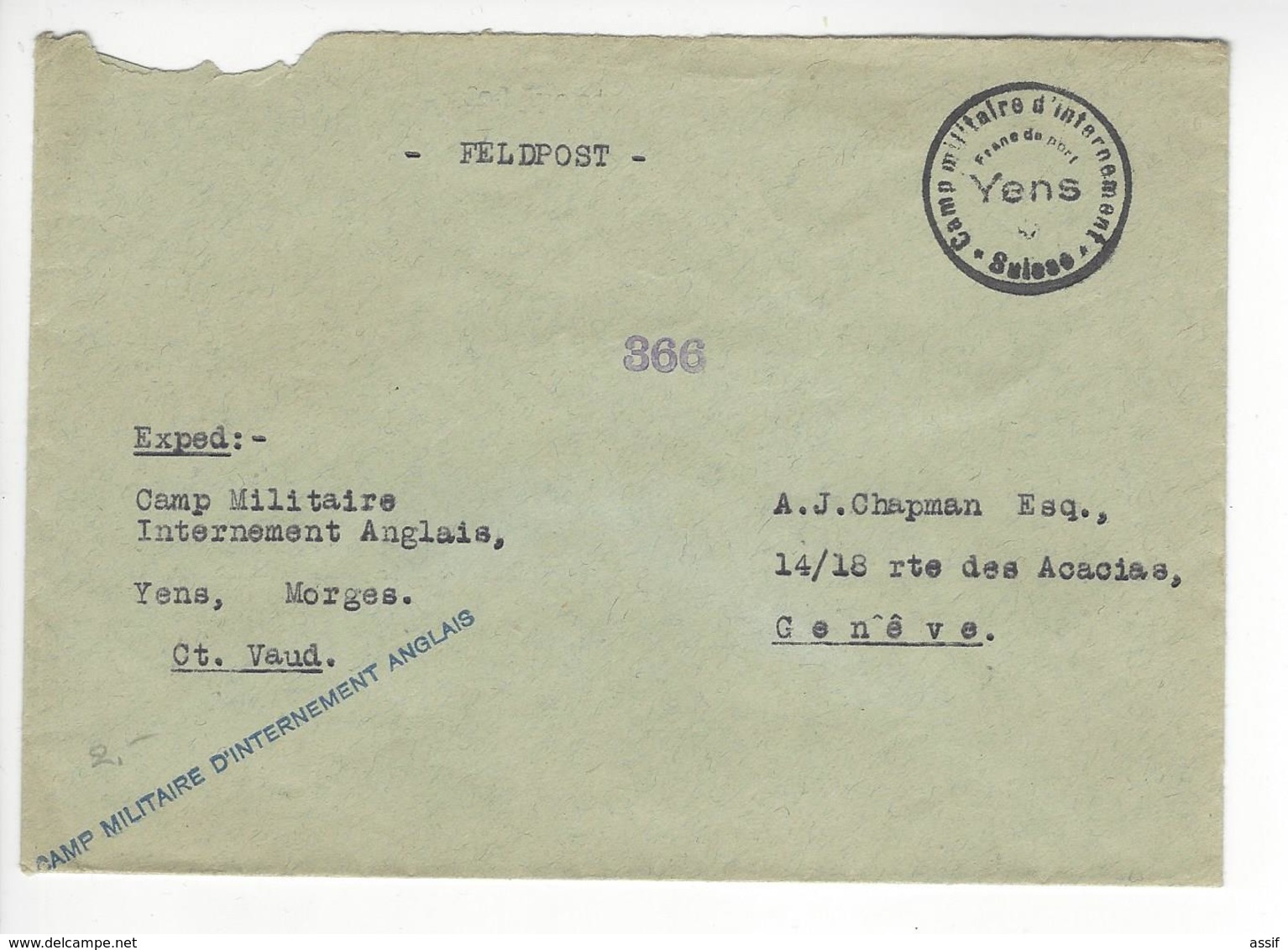 YENS FELDPOST CAMP MILITAIRE D'INTERNEMENT ANGLAIS CENSURE CENSOR WW2 SUISSE INTERNES CAMP INTERNEMENT /FREE SHIP. R - Storia Postale