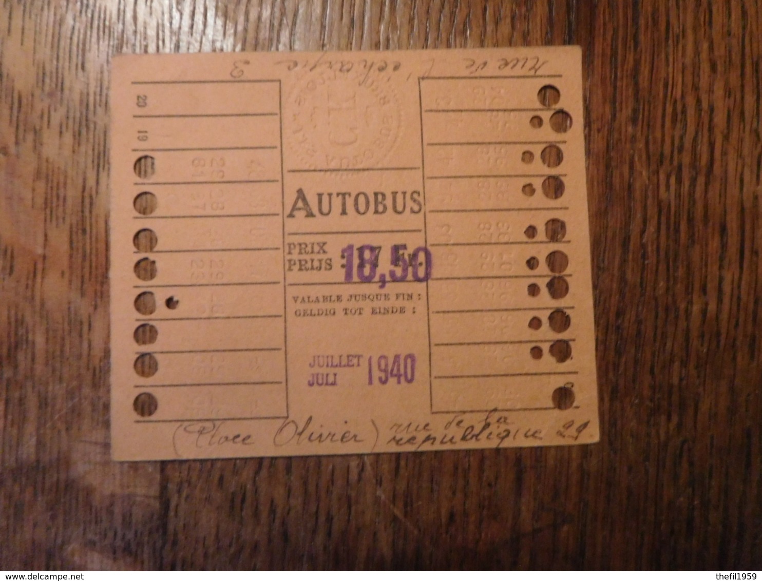 Ticket Autobus 1940 "Les Autobus & Tramways Bruxellois" / Belgique - Europe