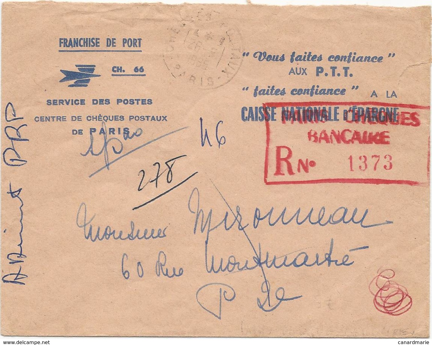 LETTRE 1965 EXPEDIEE EN POSTE RESTANTE AVEC CACHET ROUGE PARIS CHEQUES BANCAIRE R N° 1373 - Cachets Manuels