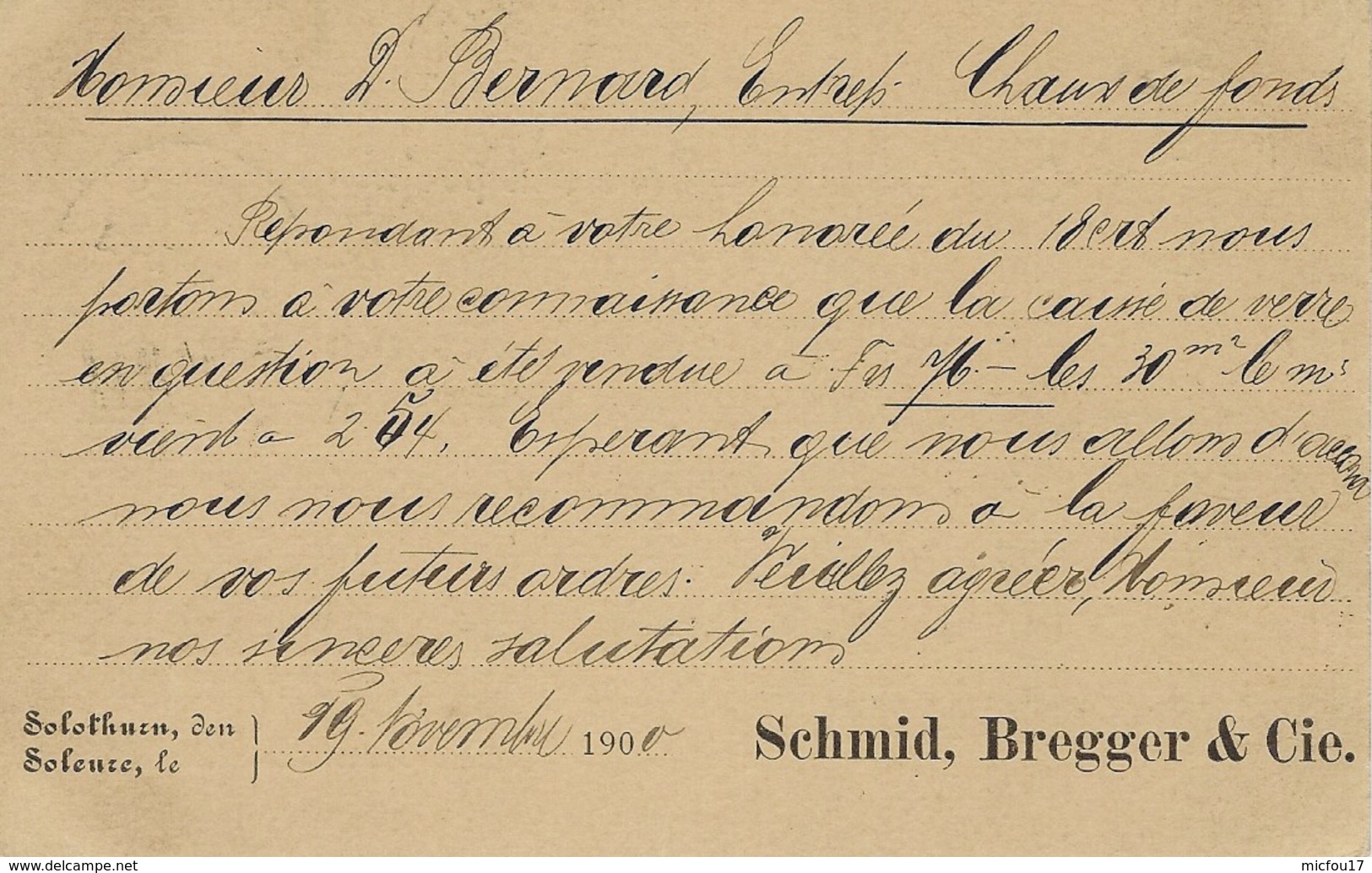 1900- C P E P 5 C De Solothurn Avec Repiquage Schmid,Bregger & Cie - Lettres & Documents