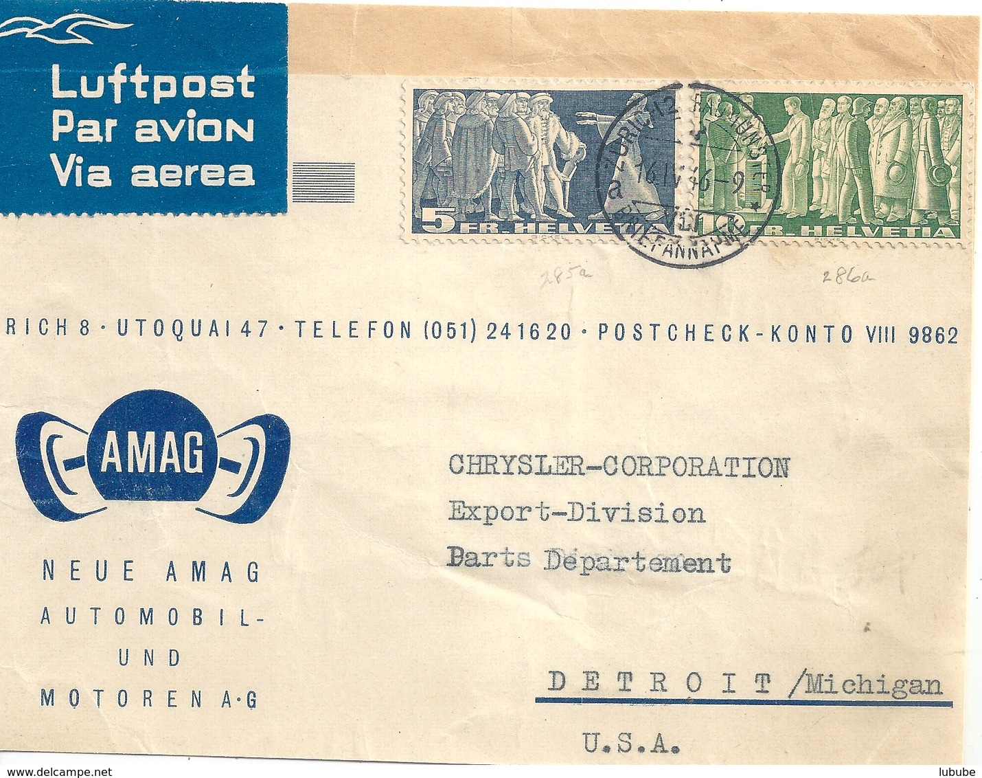 Luftpost Paketadresse  "AMAG, Automobil-/Motoren AG, Zürich" - Detroit              1946 - Briefe U. Dokumente