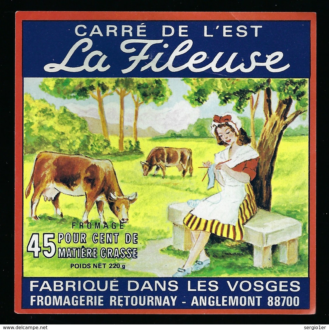 Etiquette Fromage Carré De L'est La Fileuse  45%mg Fabriqué Dans Les Vosges Fromagerie Retournay Anglemont "femme, Vache - Fromage