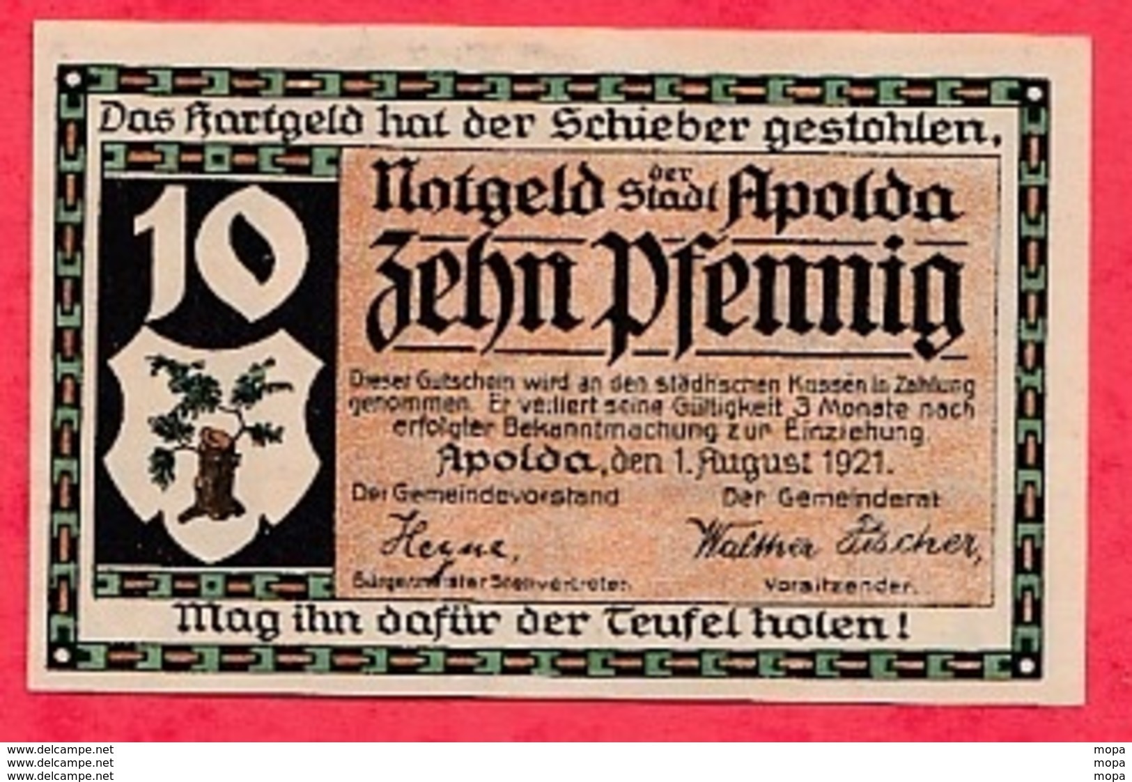 Allemagne 1 Notgeld  10 Pfenning Apolda  (RARE) UNC  Lot N °3166 - Collezioni