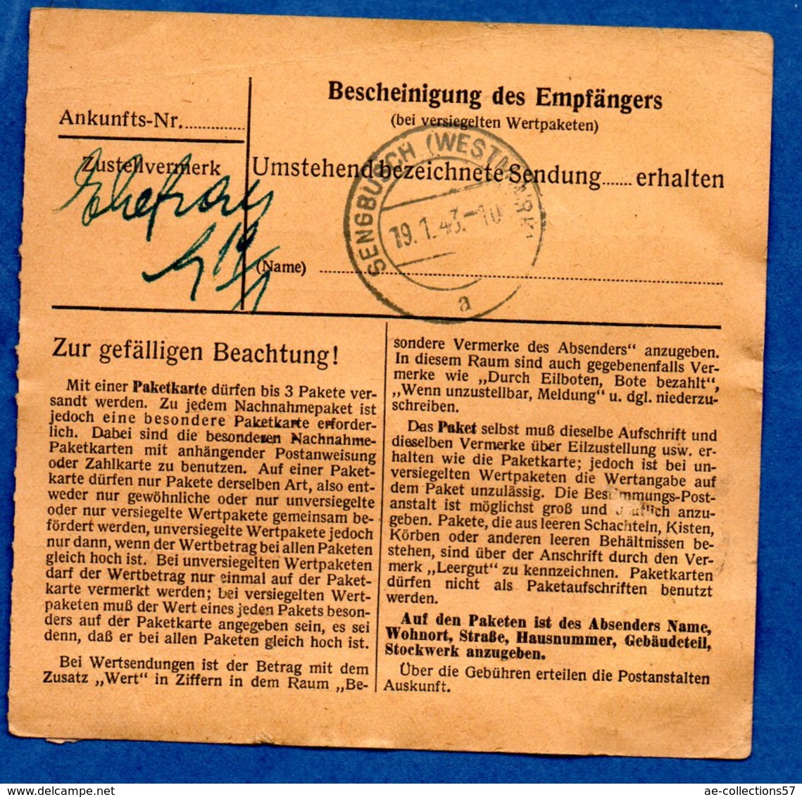 Colis Postal  - Départ Lebach -  Pour Seingbouse  -- 19/1/1943 - Briefe U. Dokumente