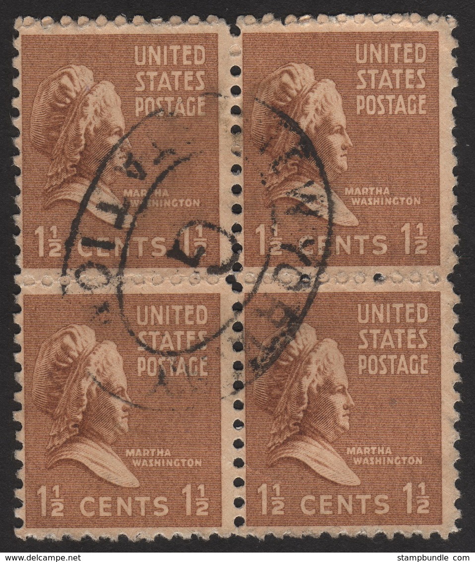 1938 US, 1 1/2c Stamp Used, Martha Washington, Sc 805, Block Of 4 - Gebraucht