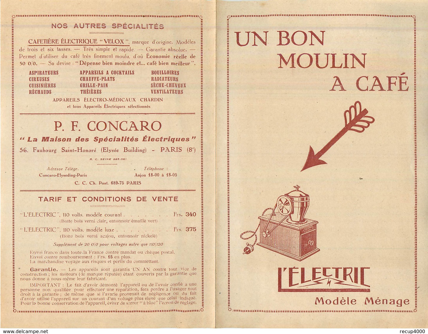 PUBLICITE  L'electric Un Bon Moulin à Café  Doc 2 Feuillets Format 2( 215 X 138) 2scans - Autres & Non Classés