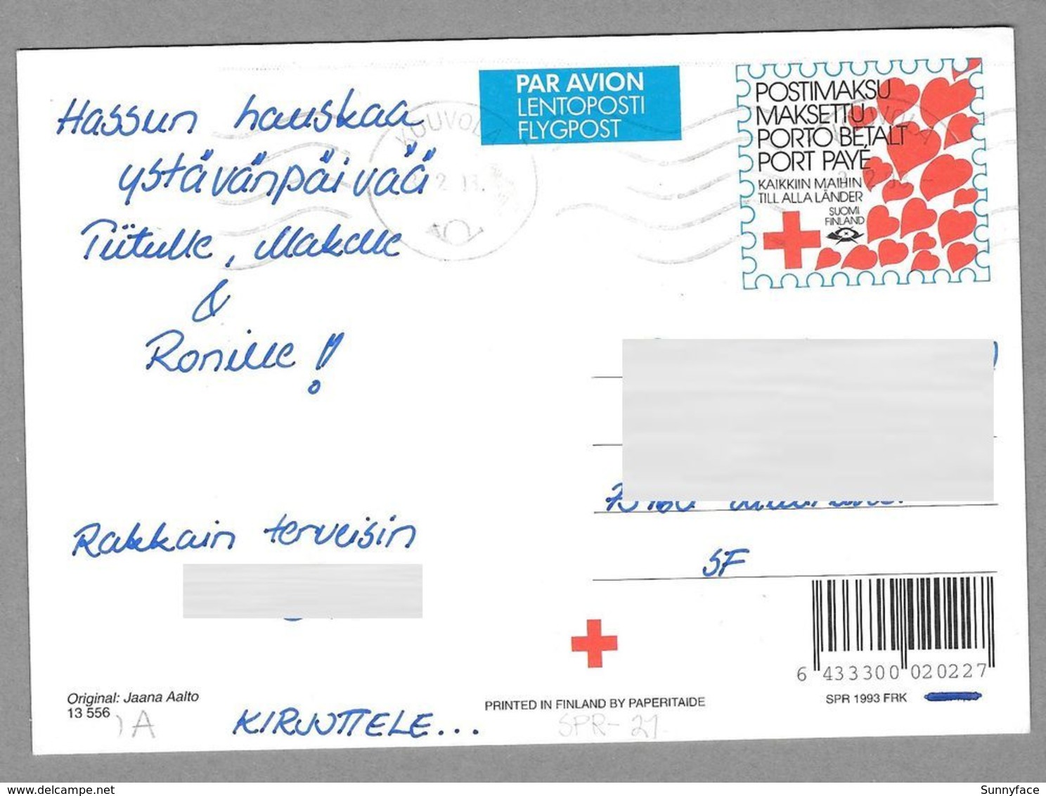 Postal Stationery Red Cross Finland (SPR 21) Coffee Cup Pen Paper (Valentine's Day) Illustr. Jaana Aalto - Used - Entiers Postaux