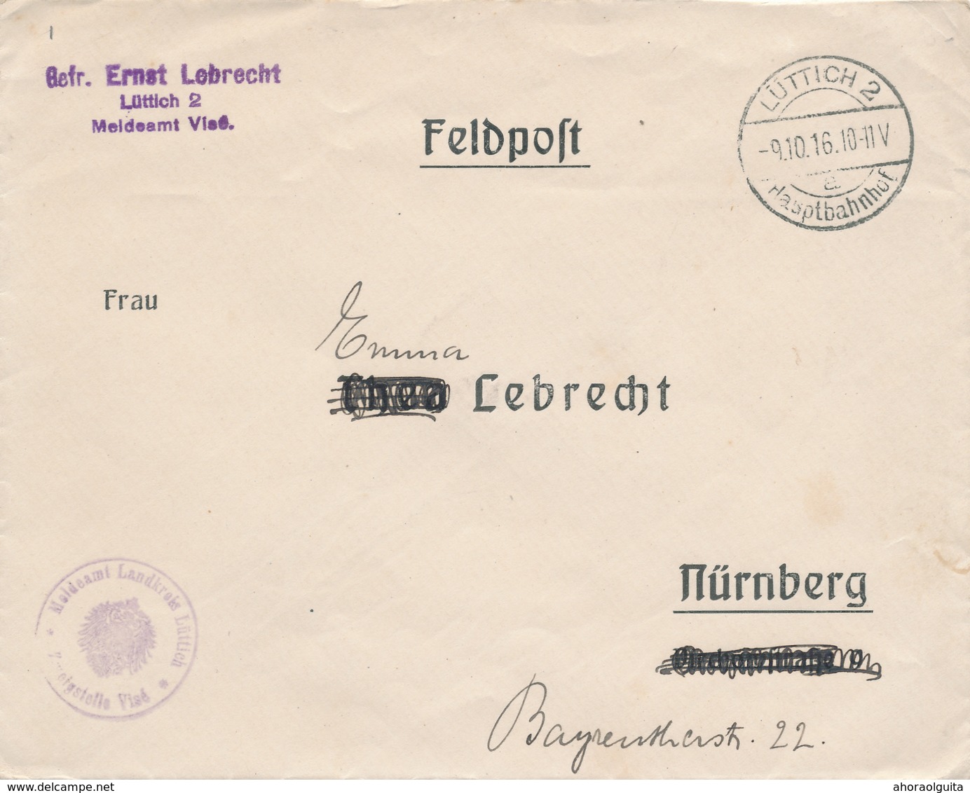 316/28 - LIEGE 14/18 - Enveloppe Feldpost LUTTICH 2 1916 Vers Allemagne - Cachet  Meldeamt Zwigstelle  VISE - Armée Allemande