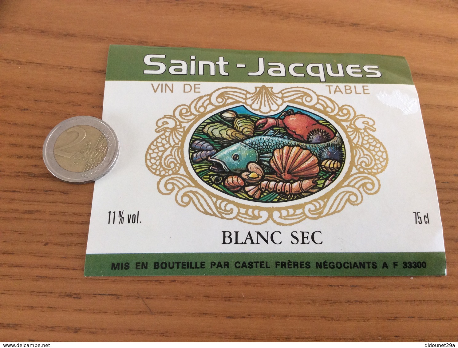 Etiquette «VIN DE TABLE - BLANC SEC - Saint-Jacques - CASTEL FRERES (33)» (coquillage, Huître) - Blancs